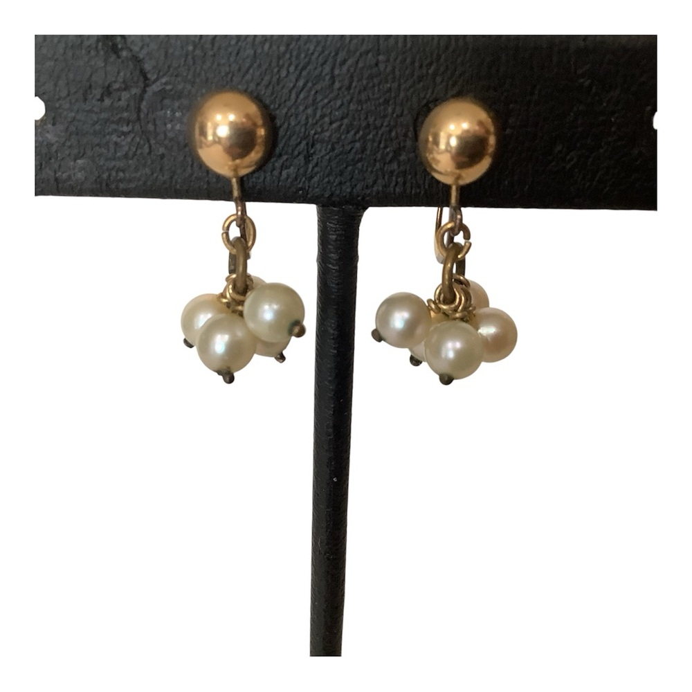 Vintage, 1/20 12k Gold Filled Faux Hanging Cluster Pearl Earrings Screw Back